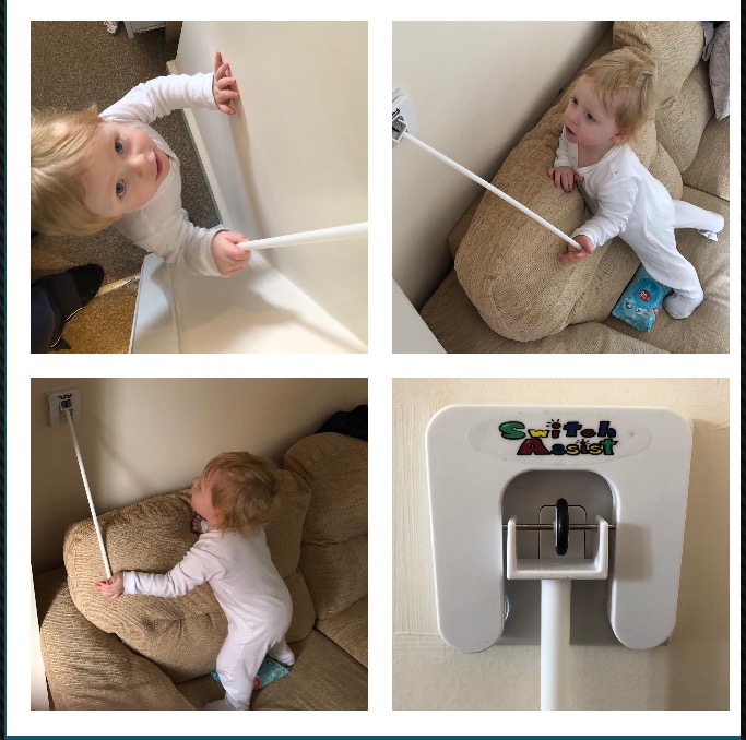 Robbie using his Switch assist device to turn on and off light switches that he can not reach normally