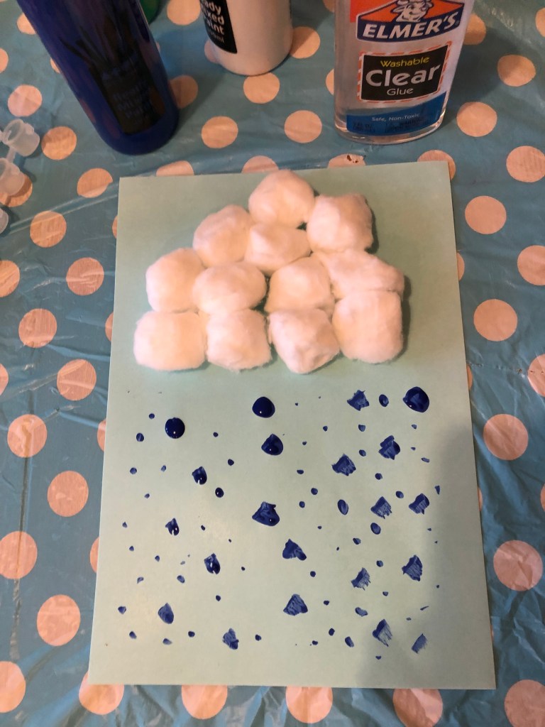 The finished drawing of a fluffy cloud with rain drops falling