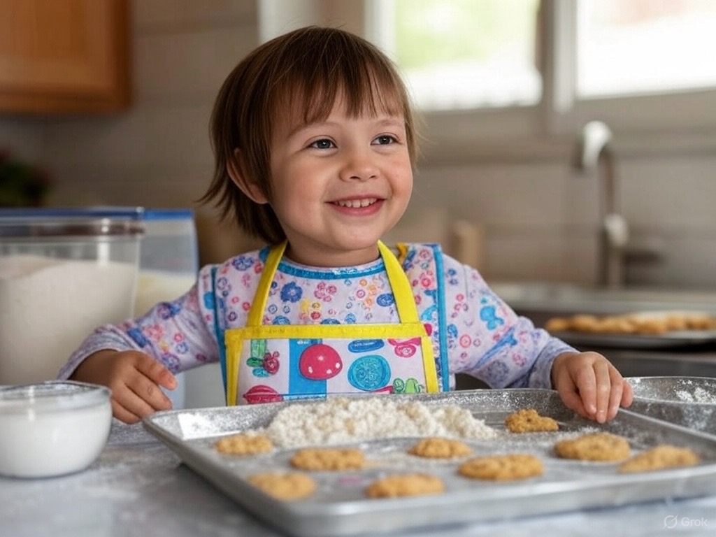 A 5 year old smiling whilst baking in the kitchen with her parents
