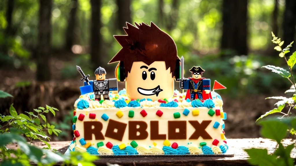 A picture of a big smiling Roblox cake ideal for a kids birthday party