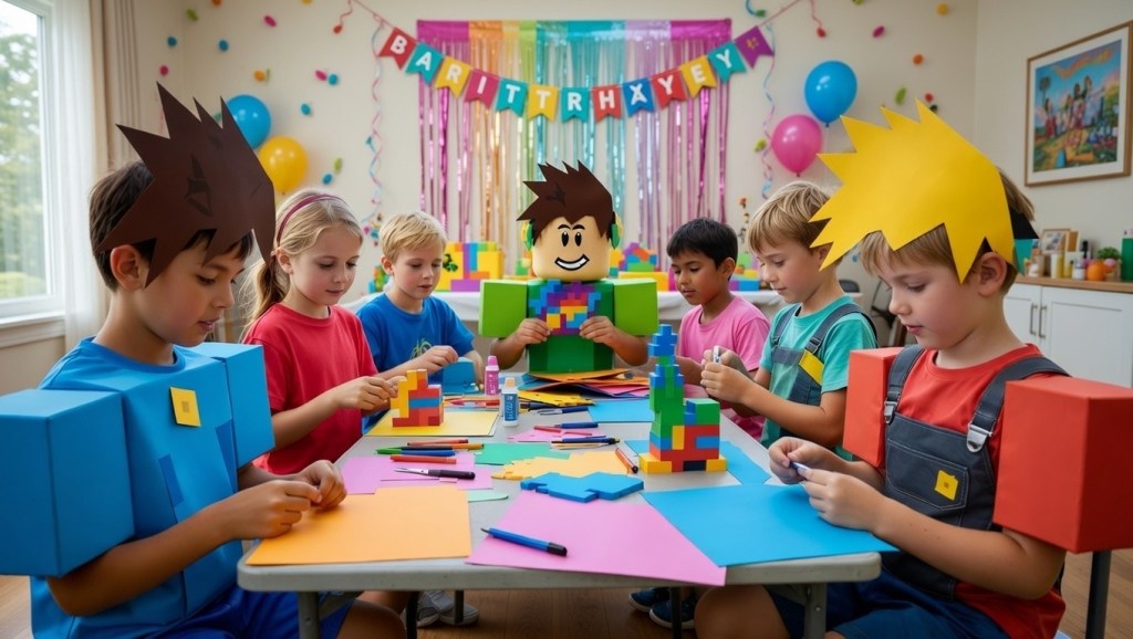 Children at a birthday party making Roblox themed arts and crafts